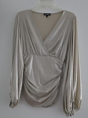 Express Women's Shimmer Ruched V-Neck Long Sleeve Top - Champagne Color